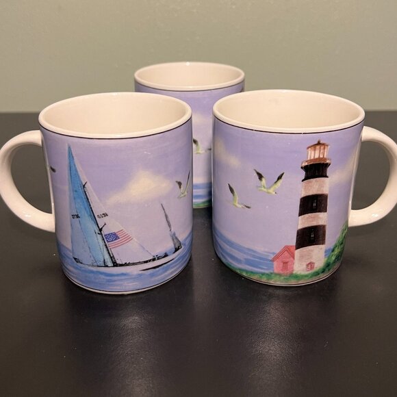 Set of 3 Thomson Pottery LIGHTHOUSE Ceramic Mugs Coast Sailboat Seagulls - Picture 1 of 11